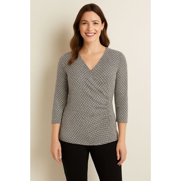 Talbots Brown&White Geometric Business Casual Office Chic Faux Wrap Top Sz Large - Picture 1 of 6